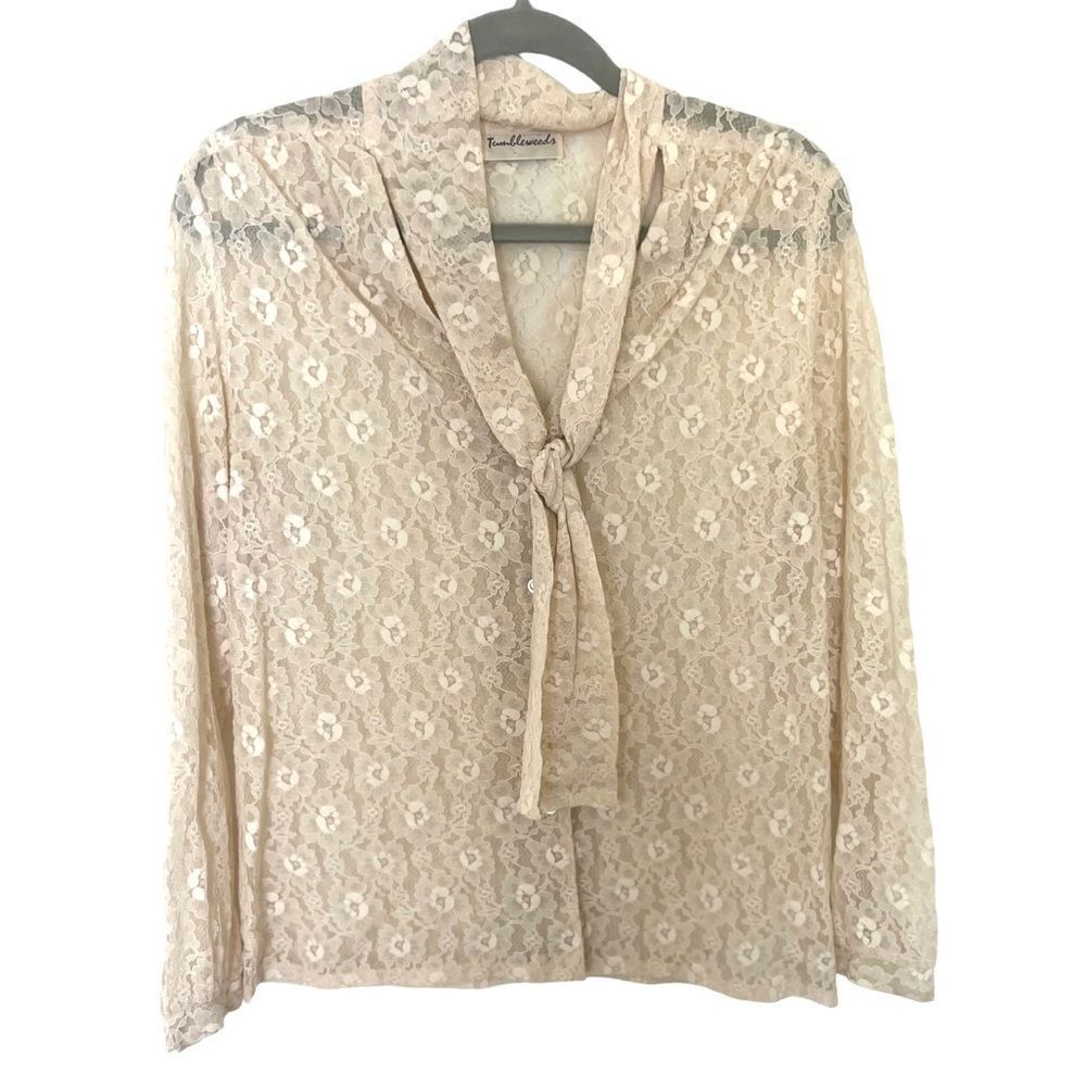 Tumbleweeds Cream Lace Button Front Tie Neck Blouse